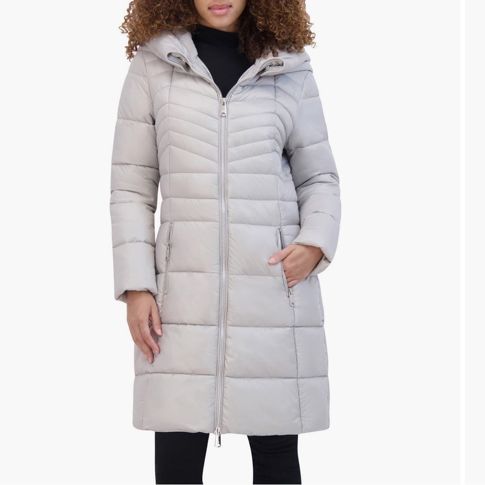 Kenneth Cole New York Soft Cire Funnel Neck Puffer Coat Silver Sz XL